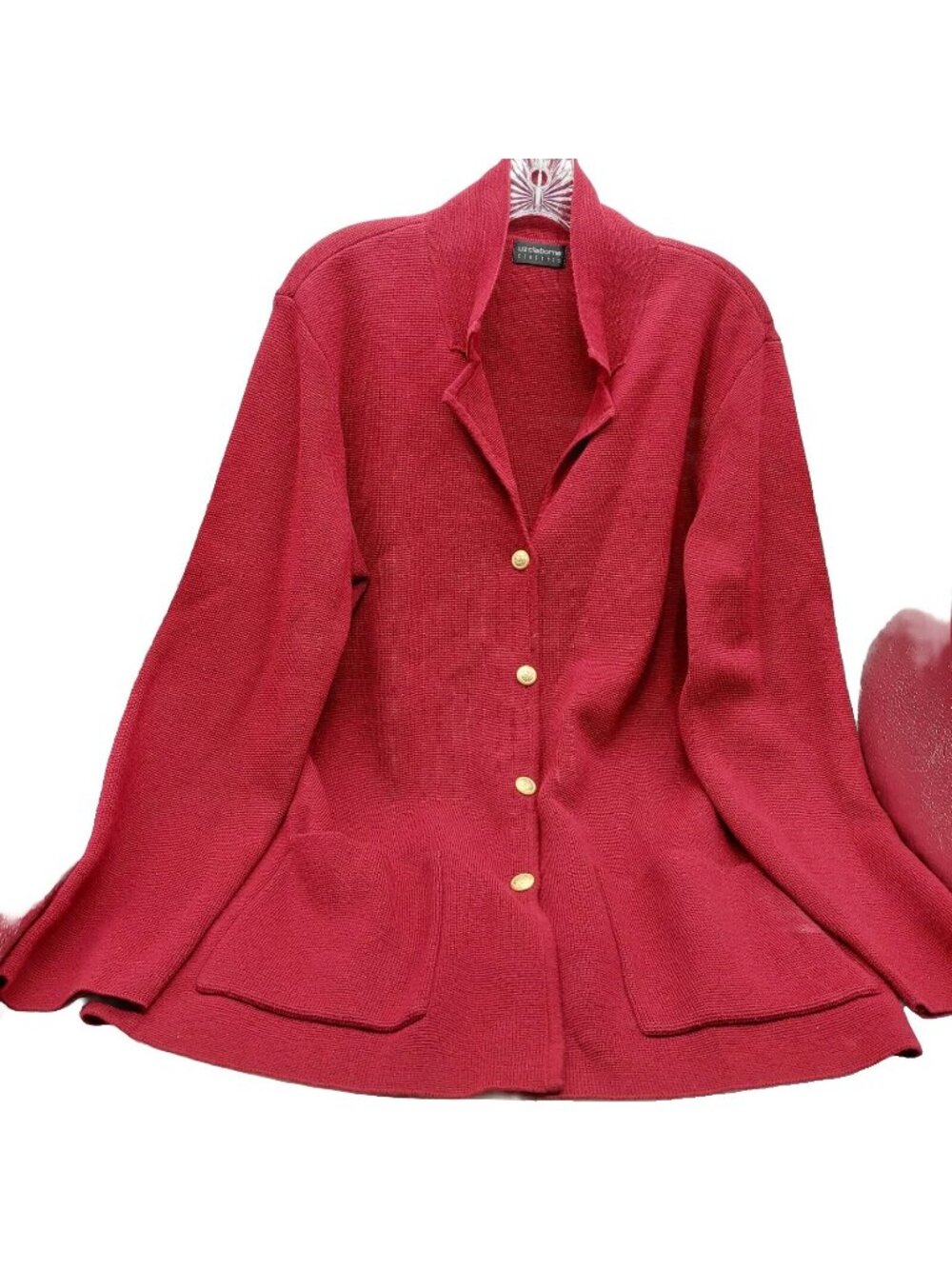 Liz Claiborne Classics Knit Blazer Womens Size Large Red Sweater Wool Blend